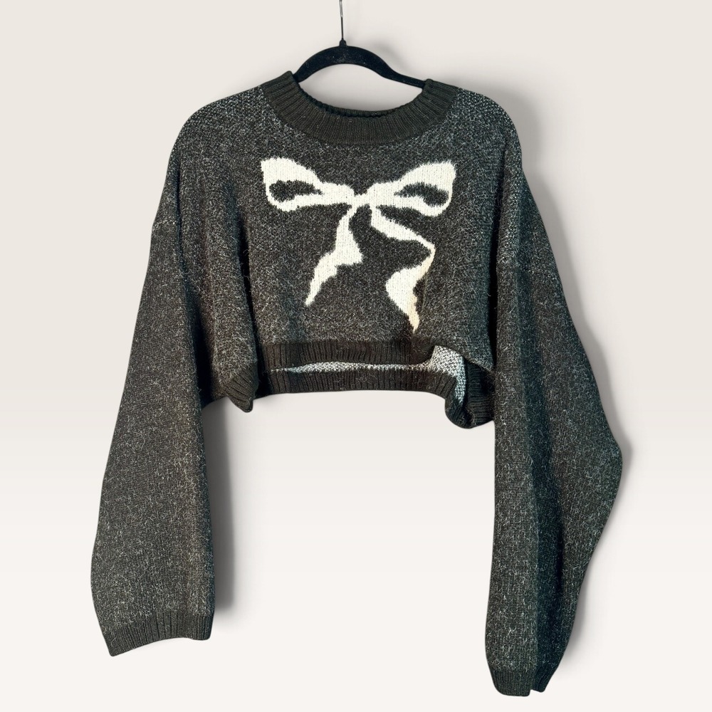 UO Out From Under Cozy Up Bow Cropped Sweater Grey Marl Knit Small EUC Coquette